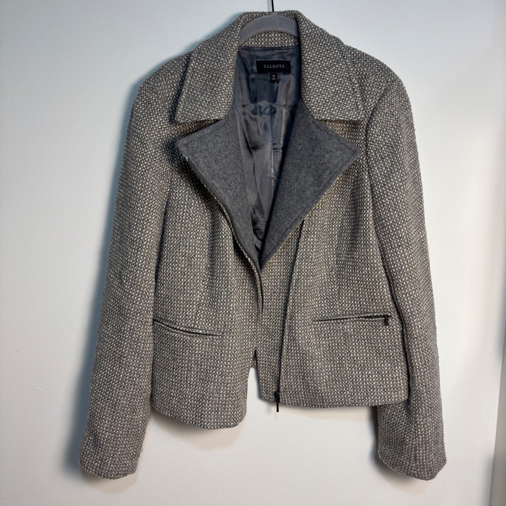 Talbots Wool Blend Moto Jacket 18 Gray Tweed Asymmetrical Zip Quiet Luxury - Picture 5 of 11